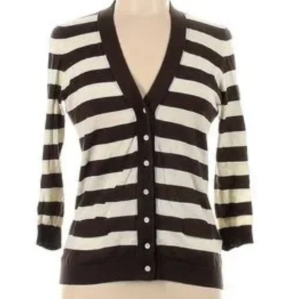 J. Crew Featherweight Chocolate Brown Ivory Cardigan Striped V Neck Cotton Large